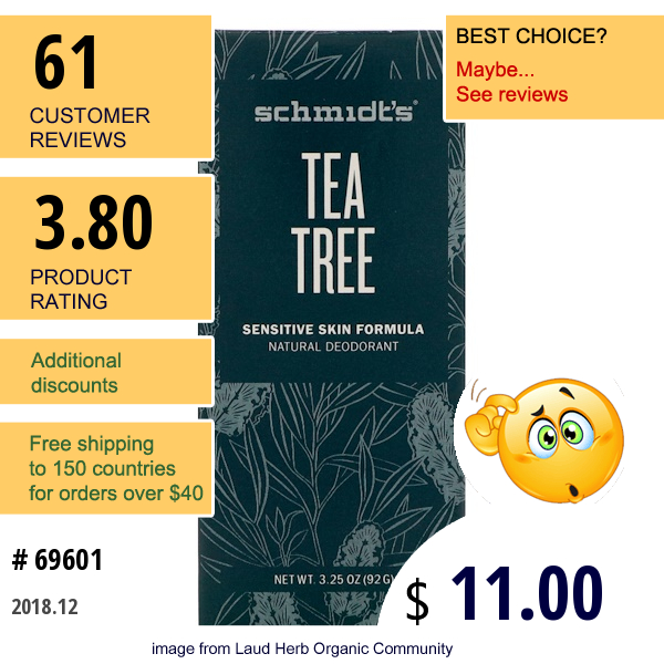 Schmidts Natural Deodorant, Sensitive Skin Formula, Tea Tree, 3.25 Oz (92 G)