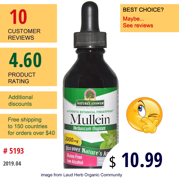 Natures Answer, Mullein, Low Alcohol, 2000 Mg, 2 Fl Oz (60 Ml)  