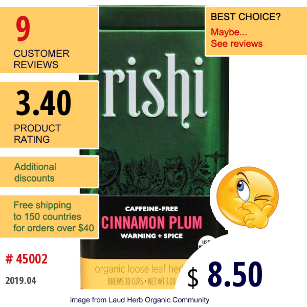 Rishi Tea, Organic Loose Leaf Herbal Tea, Cinnamon Plum, Caffeine-Free, 3 Oz (85 G)  