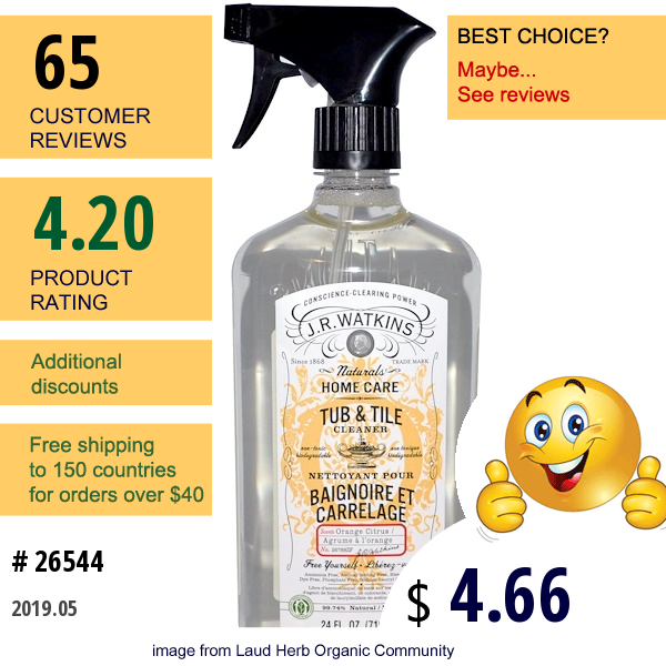 J R Watkins, Natural Home Care, Tub & Tile Cleaner, Orange Citrus, 24 Fl Oz (710 Ml)  