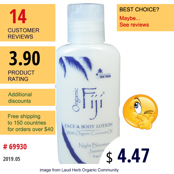 Organic Fiji, Face And Body Lotion With Organic Coconut Oil, Night Blooming Jasmine, 3 Oz (89 Ml)