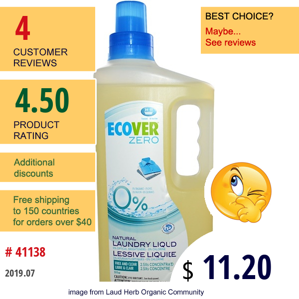 Ecover, Zero, Natural Laundry Liquid, Free And Clear, 51 Fl Oz (1.5 L)  