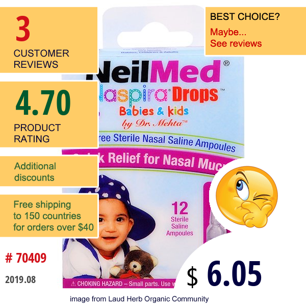 Neilmed, Naspira Drops, Babies & Kids, 12 Sterile Saline Ampoules, 0.034 Fl Oz (1 Ml) Each