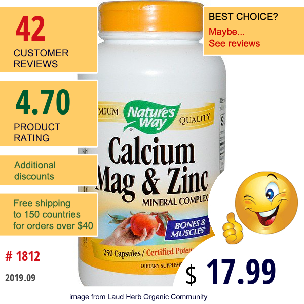 Nature'S Way, Calcium, Mag & Zinc, Mineral Complex, 250 Capsules