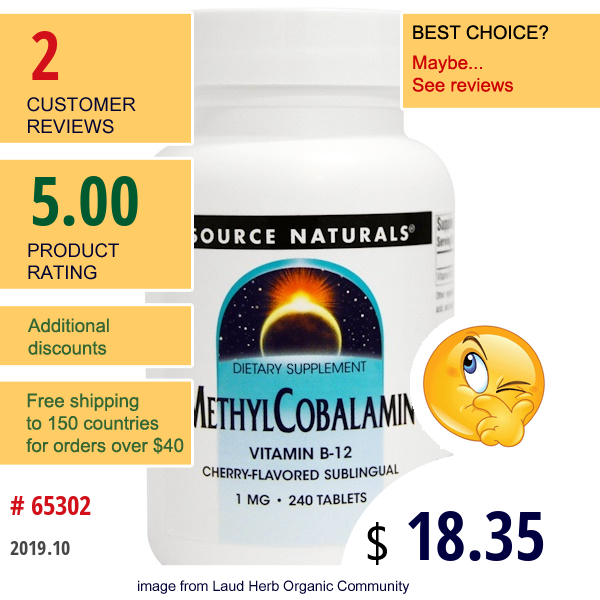 Source Naturals, Methylcobalamin, Cherry-Flavored Sublingual, 1 Mg, 240 Tablets  