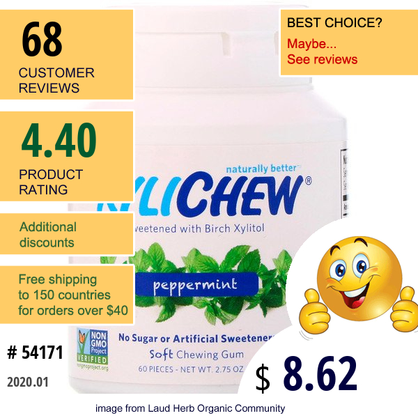 Xylichew, Sweetened With Birch Xylitol, Peppermint, 60 Pieces, 2.75 Oz (78 G)