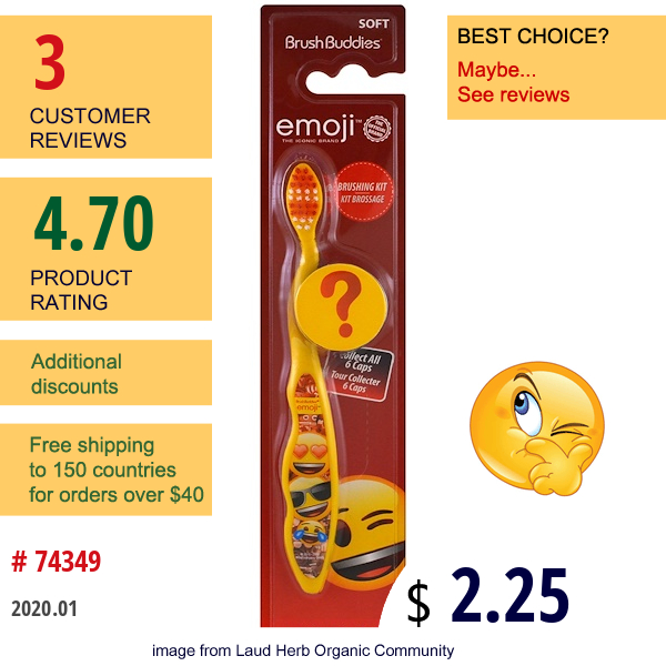 Brush Buddies, Emoji Toothbrush, With Cap, Soft, 1 Toothbrush  