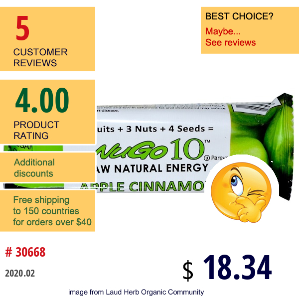 Nugo Nutrition, Nugo 10, Raw Natural Energy, Apple Cinnamon, 12 Bars, 1.76 Oz (50 G) Each  