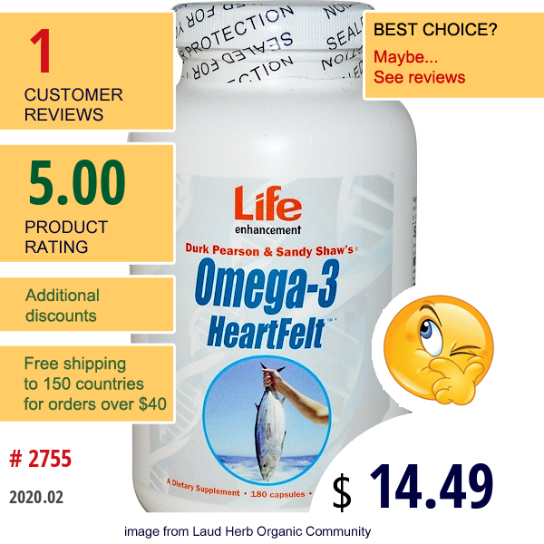 Life Enhancement, Omega-3 Heartfelt, 180 Capsules  