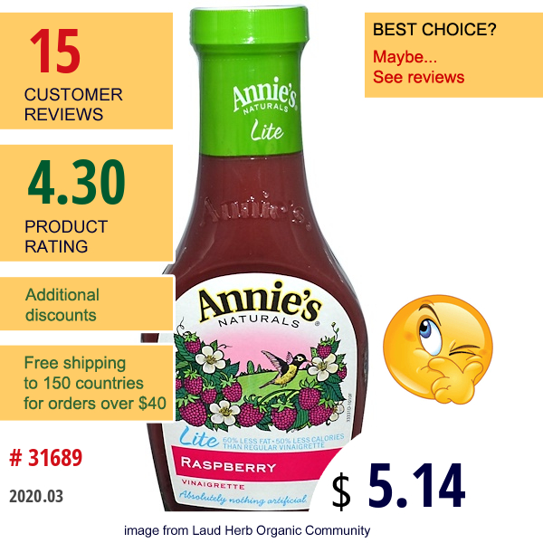 Annie'S Naturals, Lite, Raspberry Vinaigrette, 8 Fl Oz (236 Ml)  
