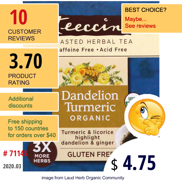 Teeccino, Organic Roasted Herbal Tea, Dandelion Turmeric, Caffeine Free, 10 Tea Bags, 2.12 Oz (60 G)  