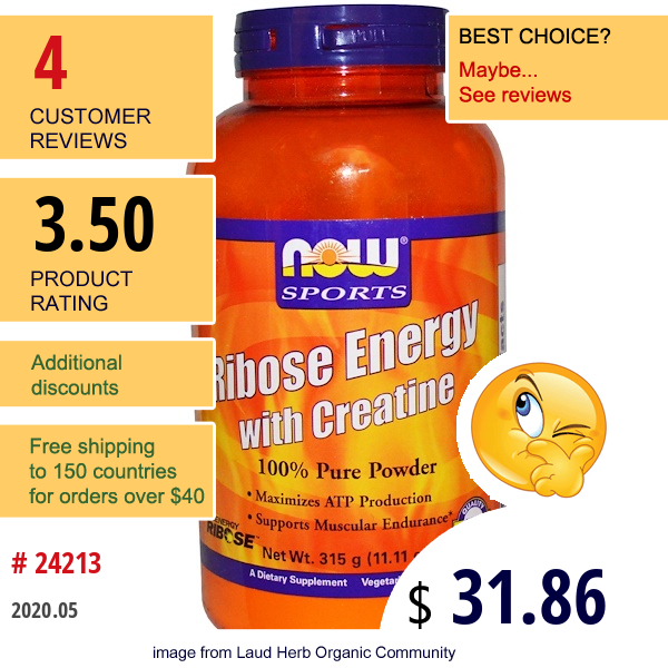 Now Foods, Sport, Ribose Energy With Creatine, 100% Pure Powder, 11.11 Oz (315 G)  