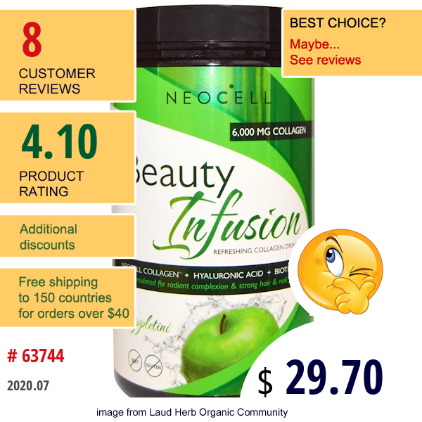 Neocell, Beauty Infusion, Refreshing Collagen Drink Mix, Appletini, 11.64 Oz (330 G)  