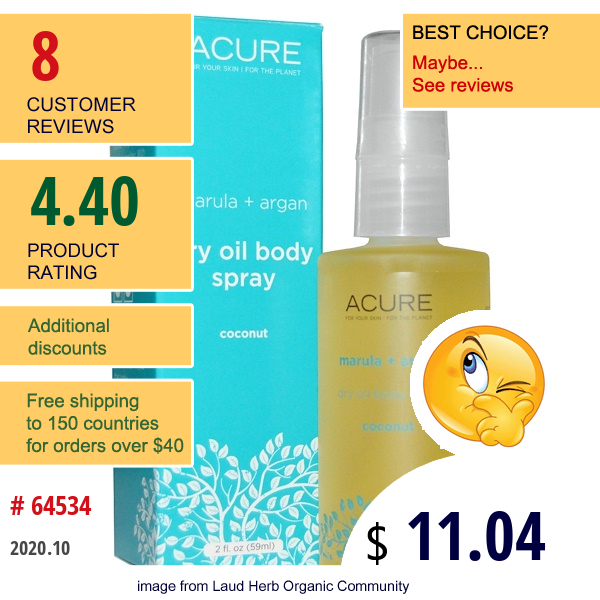 Acure, Dry Oil Body Spray, Coconut, 2 Fl Oz (59 Ml)  