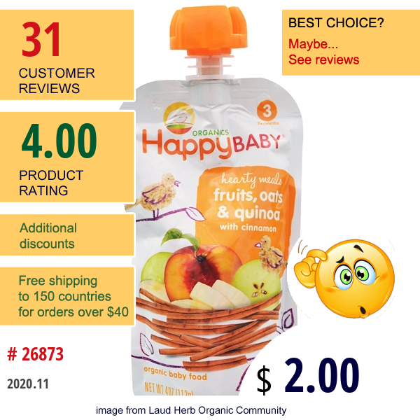 Happy Family Organics, Organic Baby Food, Hearty Meals, Fruits, Oats & Quinoa, Stage 3, 4 Oz (113 G)  