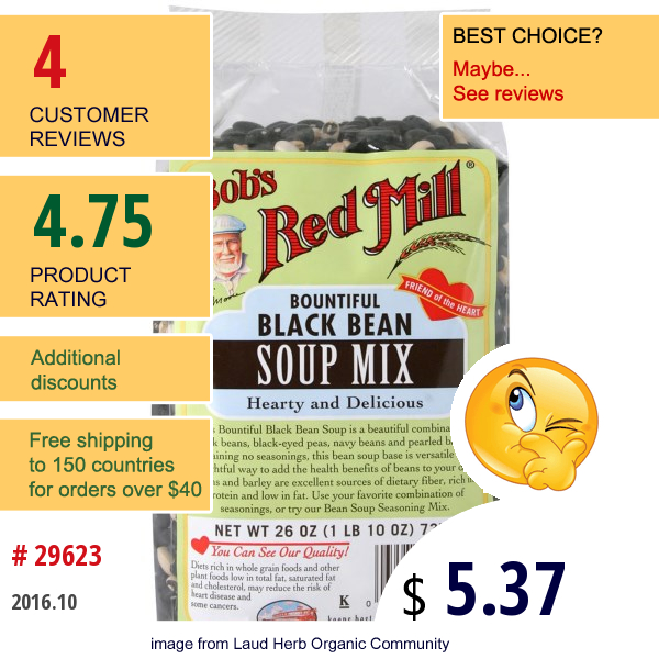 Bobs Red Mill, Bountiful, Black Bean, Soup Mix, 26 Oz (737 G)