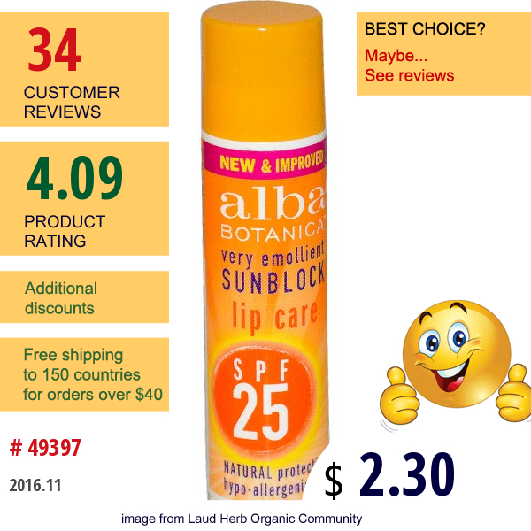 Alba Botanica, Very Emollient Sunblock, Lip Care, Spf 25, .15 Oz (4.2 G)