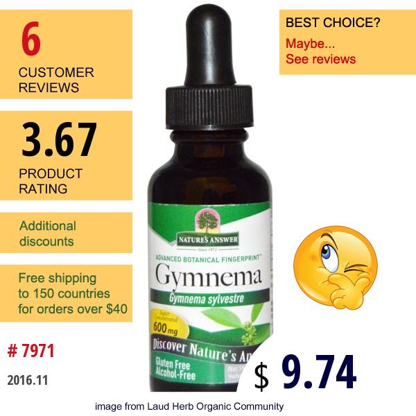 Natures Answer, Gymnema, Alcohol-Free, 600 Mg, 1 Fl Oz (30 Ml)