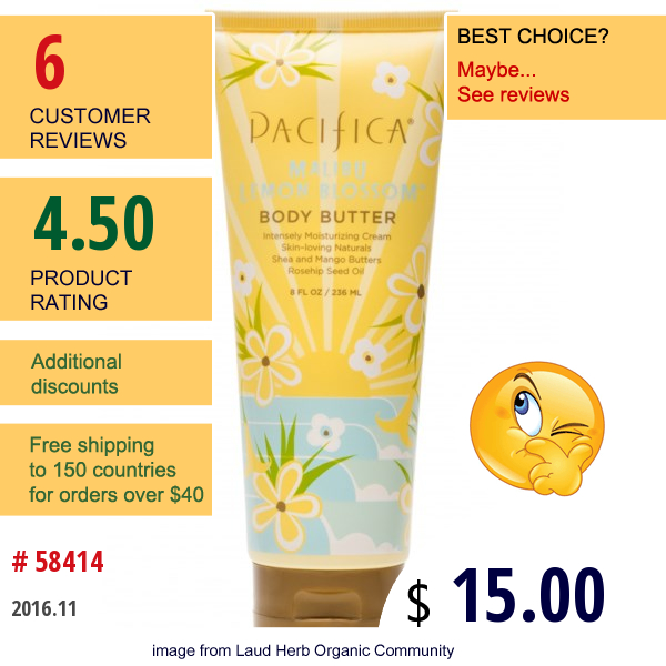 Pacifica, Body Butter, Malibu Lemon Blossom, 8 Fl Oz (236 Ml)