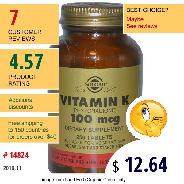 Solgar, Vitamin K, 100 Mcg, 250 Tablets  