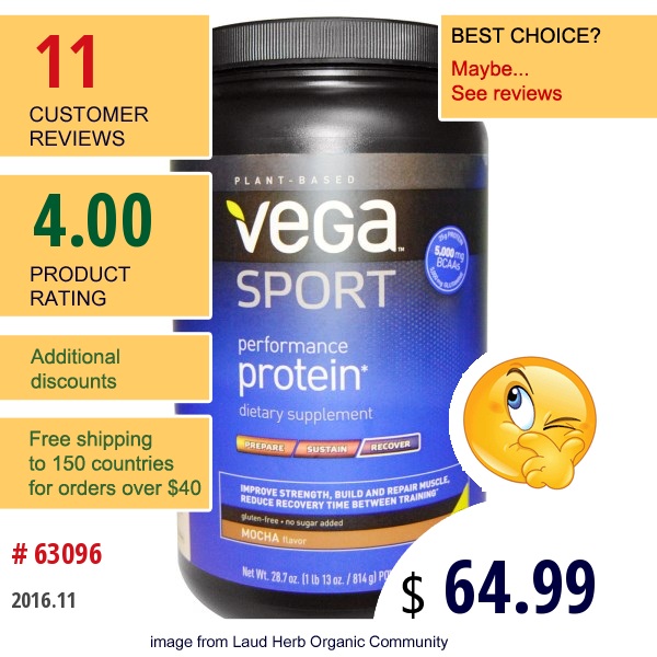 Vega, Performance Protein, Mocha Flavor, 28.7 Oz (814 G) Powder