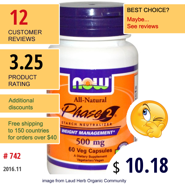 Now Foods, All-Natural Phase 2, Starch Neutralizer, 500 Mg, 60 Veggie Caps
