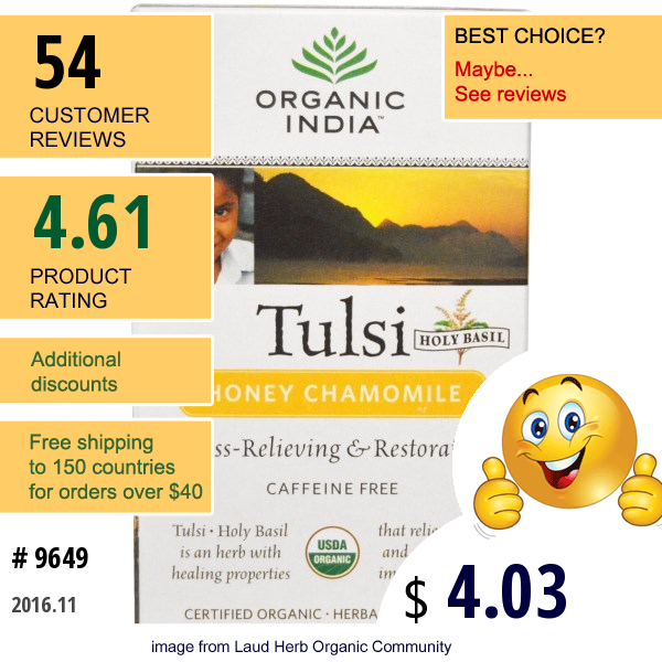 Organic India, Tulsi Holy Basil Tea, Honey Chamomile, Caffeine-Free, 18 Infusion Bags, 1.08 Oz (30.6 G) 