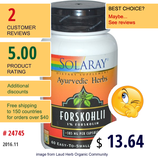 Solaray, Ayurvedic Herbs, Forskohlii, 385 Mg, 60 Easy-To-Swallow Capsules  