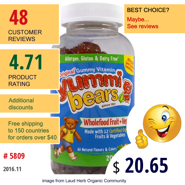 Hero Nutritional Products, Yummi Bears, Wholefood Fruit + Veggie, 200 Gummy Bears
