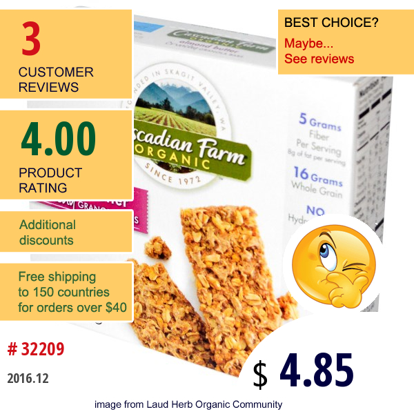 Cascadian Farm, Organic, Crunchy Granola Bars, Almond Butter, 5 Bars, 1.5 Oz (42 G) Each, 2 Bar Prouches  