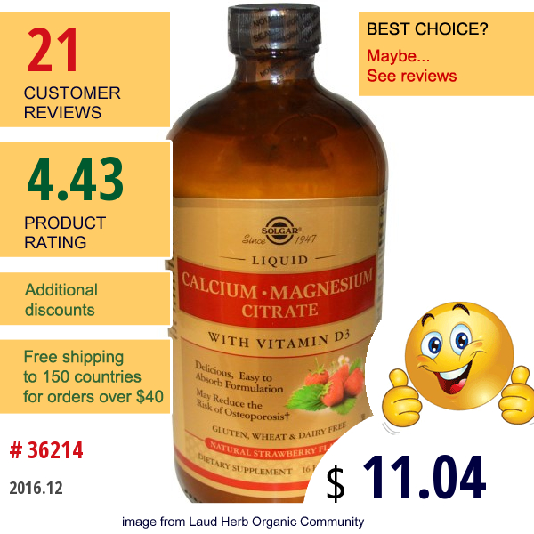 Solgar, Liquid Calcium Magnesium Citrate With Vitamin D3, Natural Strawberry Flavor, 16 Fl Oz (473 Ml)