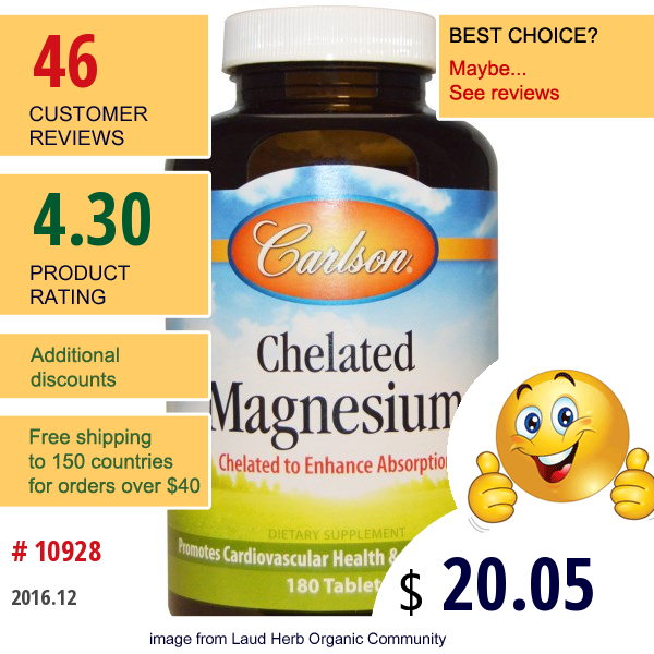 Carlson Labs, Chelated Magnesium, 180 Tablets