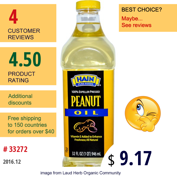 Hain Pure Foods, Peanut Oil, 32 Fl Oz (946 Ml)  