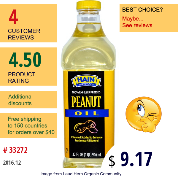 Hain Pure Foods, Peanut Oil, 32 Fl Oz (946 Ml) Hain Pure Foods, Peanut Oil, 32 Fl Oz (946 Ml)