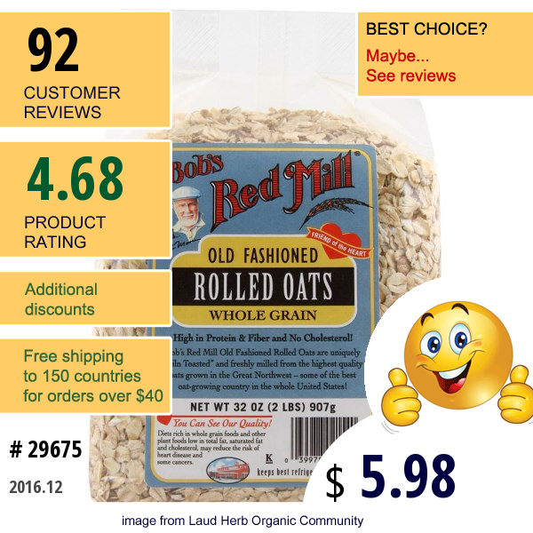 Bobs Red Mill, Old Fashioned Rolled Oats, 32 Oz (907 G)