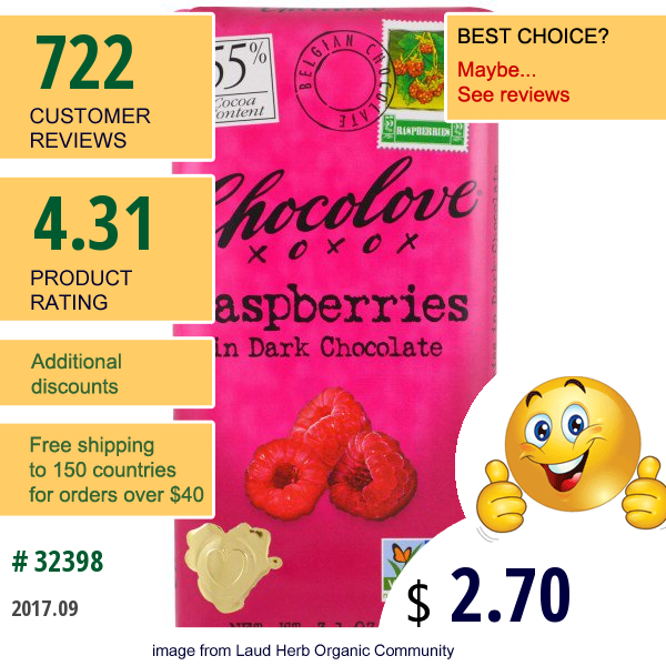 Chocolove, Raspberries In Dark Chocolate, 3.1 Oz (88 G)