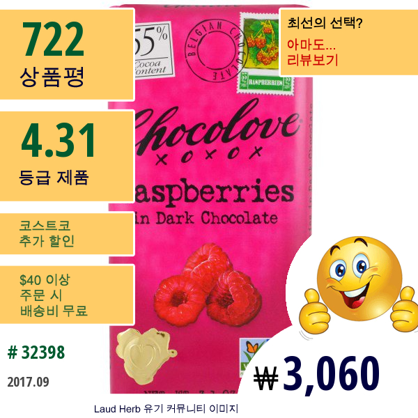 Chocolove, 라즈베리 인 다크 초콜릿, 3.1 온스 (88G)