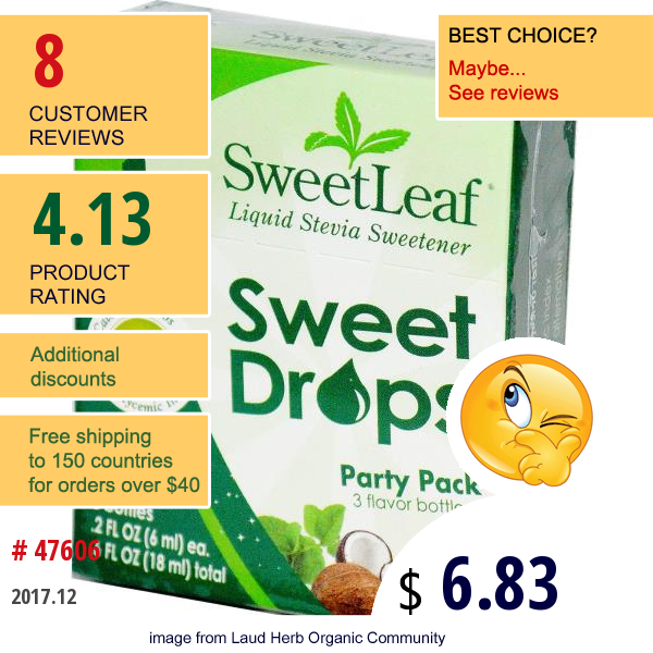 Wisdom Natural, Sweetleaf, Sweet Drops, Party Pack 3 Flavor Bottles, 3 Bottles, .2 Fl Oz (6 Ml) Each  