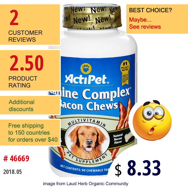 Actipet, Canine Complex Bacon Chews For Dogs, Natural Bacon Flavor, 90 Chewable Tablets  