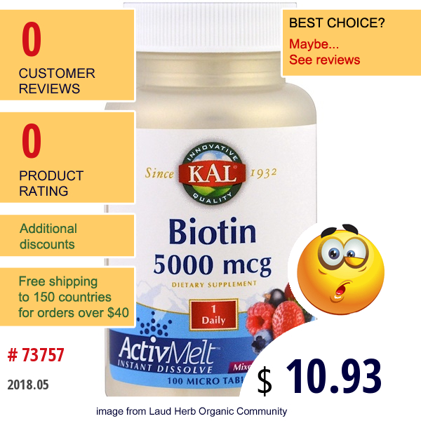 Kal, Biotin, Mixed Berry, 5000 Mcg, 100 Micro Tablets