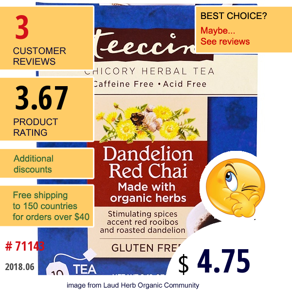 Teeccino, Chicory Herbal Tea, Dandelion Red Chai, Caffeine Free, 10 Tea Bags, 2.12 Oz (60 G)  