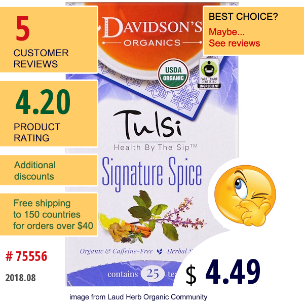 Davidsons Tea, Tulsi, Signature Spice, Caffeine-Free, 25 Tea Bags, 1,58 Oz (45 G)