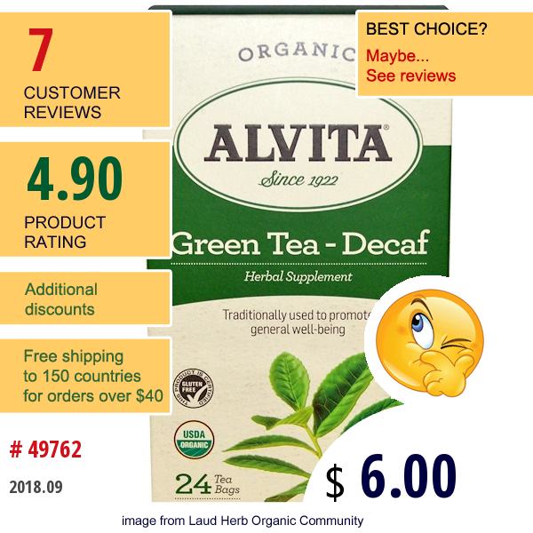 Alvita Teas, Organic Green Tea - Decaf, 24 Tea Bags, 1.52 Oz (43 G)