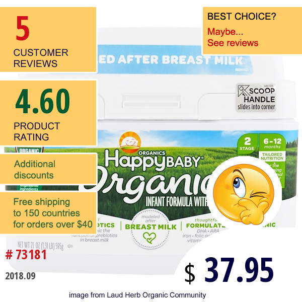 Nurture  (Happy Baby), Organics Happy Baby, Infant Formula With Iron, Stage 2, 6-12 Months, 21 Oz (595 G)