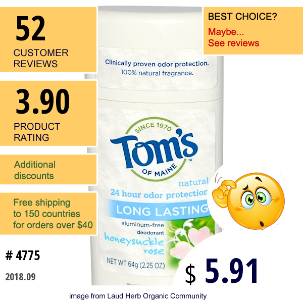 Toms Of Maine, Natural Long Lasting Deodorant, Aluminum-Free, Honeysuckle Rose, 2.25 Oz (64 G)