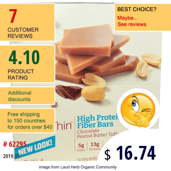 Thinkthin, High Protein & Fiber Bars, Chocolate Peanut Butter Toffee, 10 Bars, 1.76 Oz (50 G) Each  