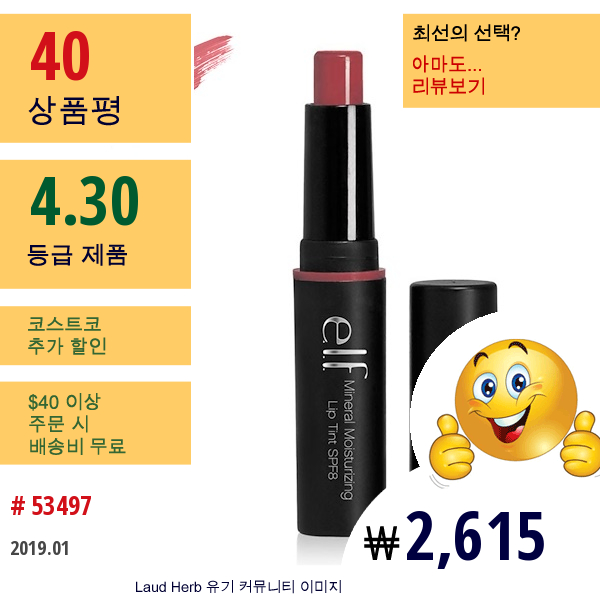 E.l.f. Cosmetics, 미네랄 립틴트, Spf 8, 로즈, 0.1 온스 (2.8 그램)  