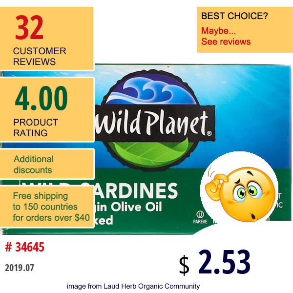 Wild Planet, Wild Sardines In Extra Virgin Olive Oil, Lightly Smoked, 4.4 Oz (125 G)