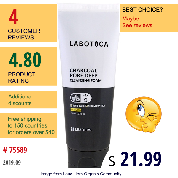 Leaders, Labotica, Charcoal Pore Deep Cleansing Foam, 5.07 Fl Oz (150 Ml) Leaders, Labotica, Charcoal Pore Deep Cleansing Foam, 5.07 Fl Oz (150 Ml)