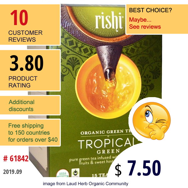 Rishi Tea, Organic Green Tea, Tropical Green, 15 Tea Bags 1.64 Oz (46.5 G)  